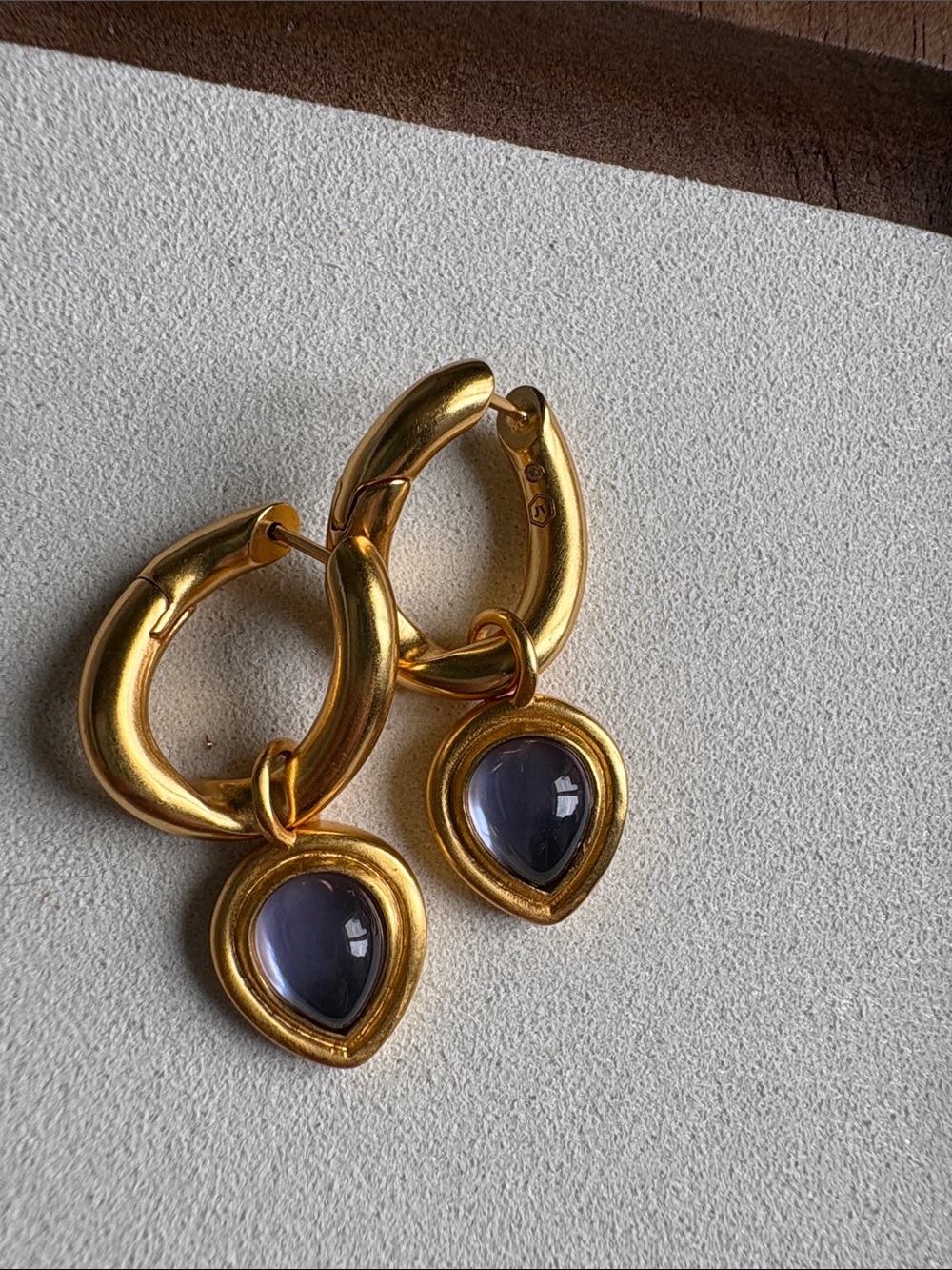 Gold Hoop Earrings with Purple Teardrop Stone